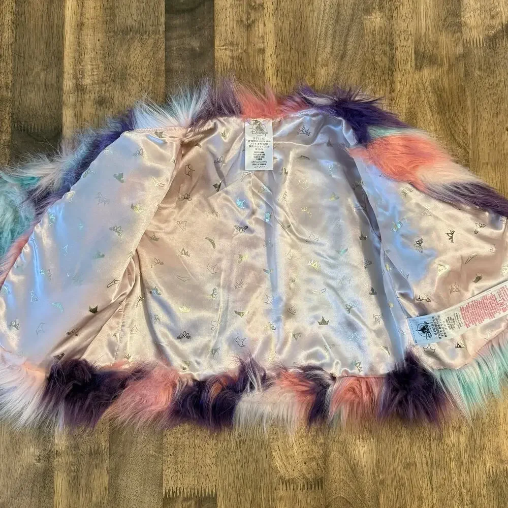 Disney Princess Faux Fur Jacket Cropped Colorful Pink Purple Teal Girls US 3